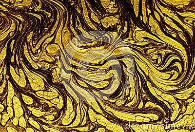 Acrylic Fluid Art. Violet vortex waves and gold particles. Abstract swirling background or texture Stock Photo