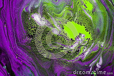 Acrylic Fluid Art. Violet waves and poisonous green spots curls. Abstract swirling background or texture Stock Photo