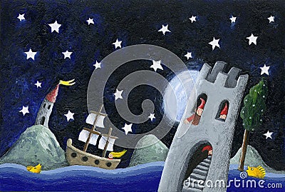 Dwarfs land - castle in the night Cartoon Illustration