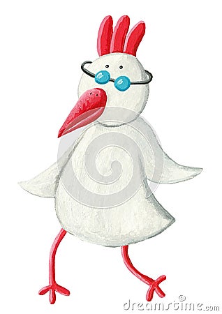 Funny white hen with eyeglasses walking Cartoon Illustration