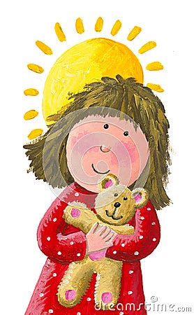 Little beautiful cute girl hugs a Teddy bear toy on a sunny day Cartoon Illustration