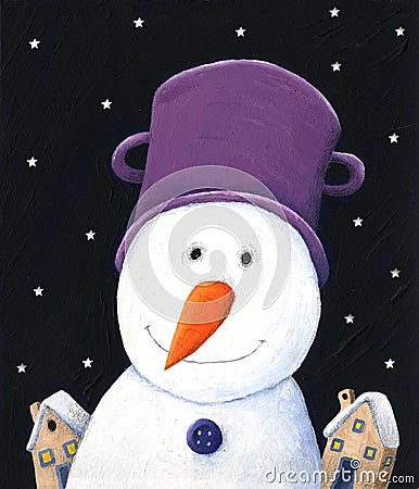 Snowman with purple pot in the winter night Cartoon Illustration