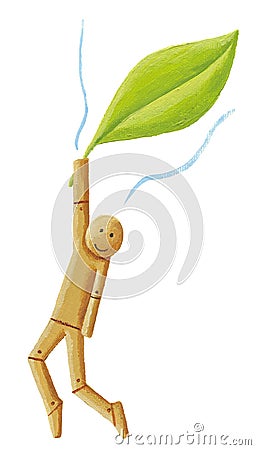 Wooden doll holding a leaf Cartoon Illustration