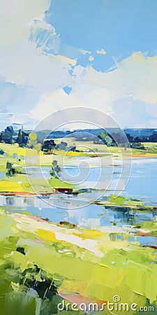Vibrant Airy Scenes: Painting Of Meadow On Water In Soft And Airy Style Stock Photo