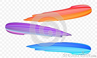 Acrylic paint brush stroke. Vector bright orange, velvet or purple and blue gradient 3d paint brush on transparent background Vector Illustration