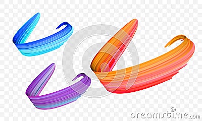 Acrylic paint brush stroke. Vector bright orange, velvet or purple and blue gradient 3d paintbrush texture transparent background Vector Illustration