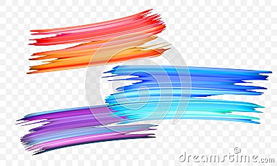 Acrylic paint brush stroke. Vector bright orange, velvet or purple and blue gradient 3d paint brush on transparent background Vector Illustration