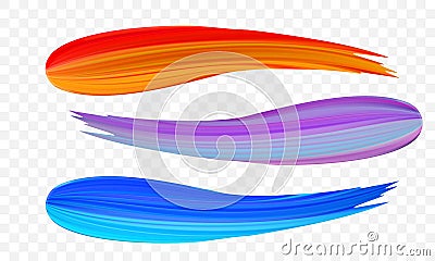 Acrylic paint brush stroke. Vector bright orange, velvet or purple and blue gradient 3d paint brush on transparent background Vector Illustration