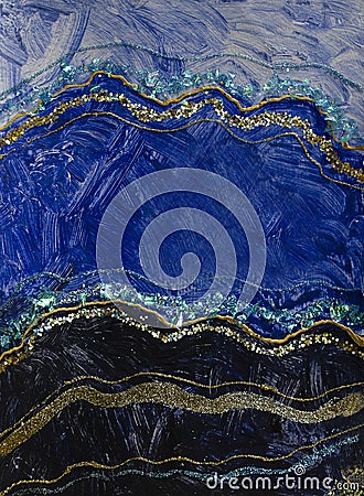 Acrylic paint modern blue and gold abstract painting, modern contemporary art, wallpaper, invitations, wedding. Marble Stock Photo