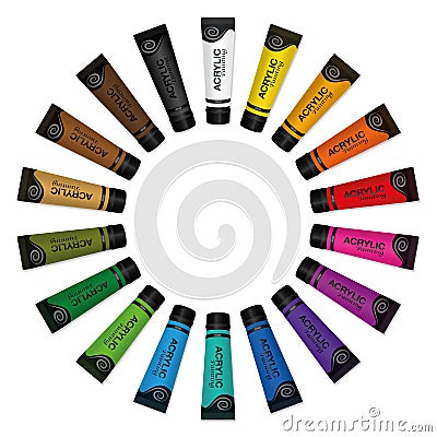 Acrylic Paint Tubes Circle Round Colors Collection Vector Illustration