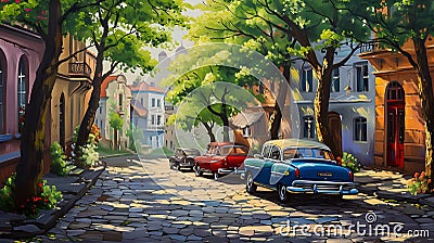 Nostalgic Urban Oasis With Classic Cars./n Stock Photo