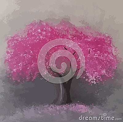 Acrylic painting sakura tree Cartoon Illustration