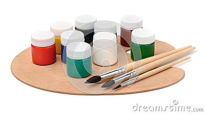 Acrylic paints, brushes and pallet Stock Photo