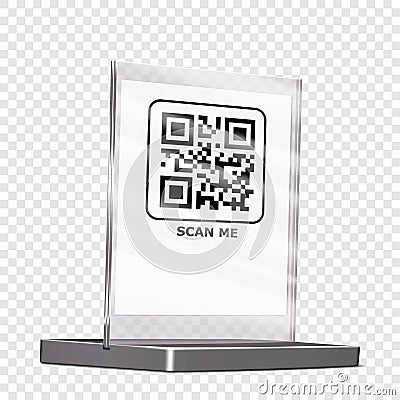 Acrylic QR code holder display realistic mock-up. Clear square plexi stand on transparent background mockup Vector Illustration