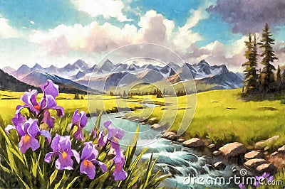 Acrylic spring mountain landscape beautiful irises in the foreground. Stock Photo