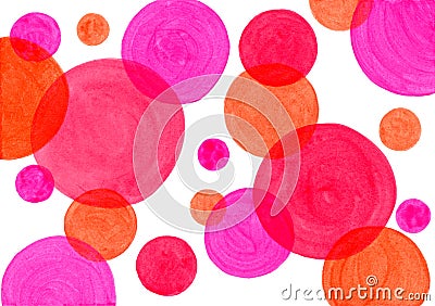 Acrylic or watercolor red, orange, fuchsia colors hand painted circles of different diameters. Stock Photo