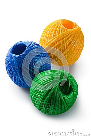 Acrylic yarn clews - green, blue and yellow Stock Photo