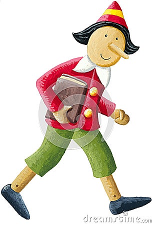 A cute Pinocchio carries a book under his arm and goes to school Cartoon Illustration