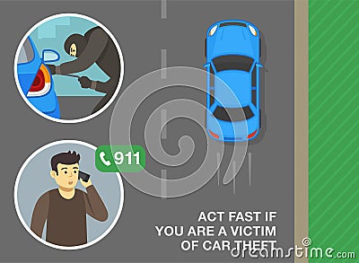 Act fast if you are a victim of car theft. Thief trying to open the car door and victim calls police. Vector Illustration