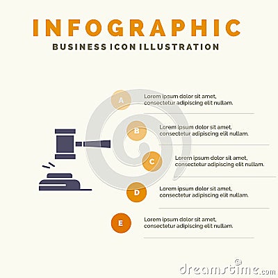 Action, Auction, Court, Gavel, Hammer, Judge, Law, Legal Solid Icon Infographics 5 Steps Presentation Background Vector Illustration