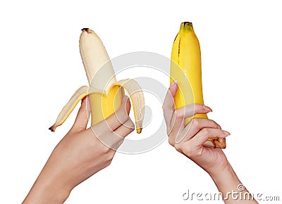 Action Banana in woman hand Stock Photo