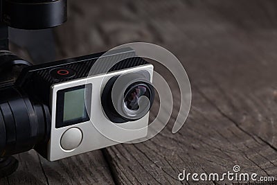 Action camera on the 3-axis stabilizer on the drone Stock Photo