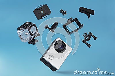 Action camera with equipments Stock Photo