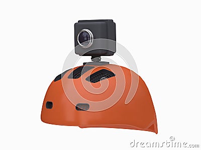 3d action camera on orange helmet white background 3d rendering Stock Photo