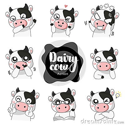 Many mascot emotion cute Dairy cow. Vector Illustration