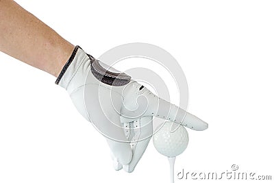 Action of golfer hand in white glove and the golf ball with tee Stock Photo