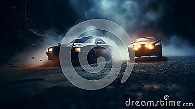 Action movie concept. Police cars and miniature movie set on dark toned background with fog. Police car chasing a car at night. Stock Photo