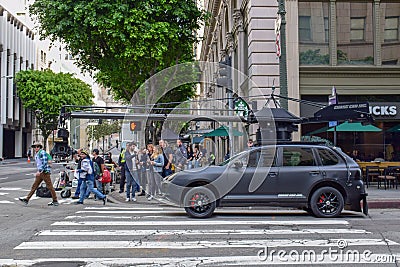 Action Movie Shooting in Downtown Los Angeles with Camera Car Editorial Stock Photo