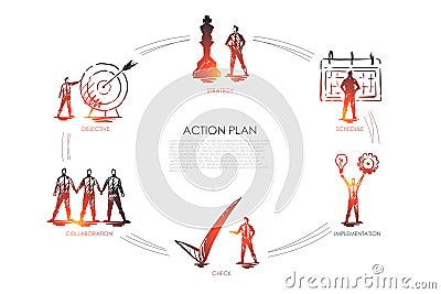 Action plan - strategy, collabororation, check, implementation, objective set concept. Vector Illustration