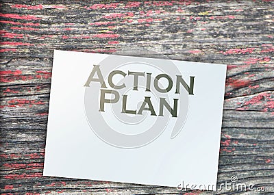 Action plan words, paper signs of dollar on wooden table. Business concept Stock Photo