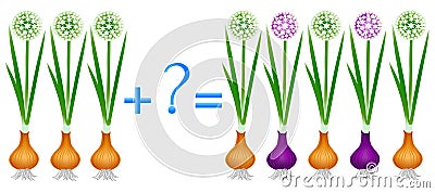 Action relationship of addition, examples with plant onion. Educational game for children. Vector Illustration