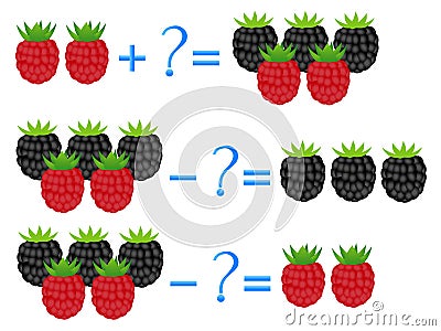 Action relationship of addition and subtraction, examples with berries. Educational games for children. Vector Illustration