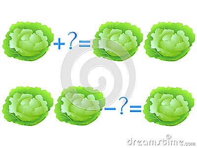 Action relationship of addition and subtraction, examples with cabbage. Educational games for children. Vector Illustration