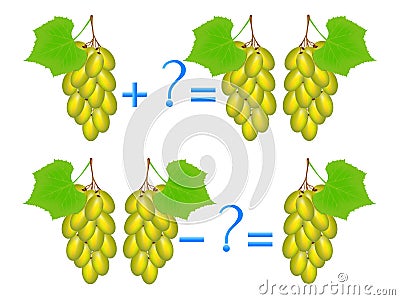 Action relationship of addition and subtraction, examples with grapes. Educational game for children. Vector Illustration