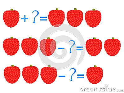 Action relationship of addition and subtraction, examples with of a lychee. Educational games for children. Vector Illustration