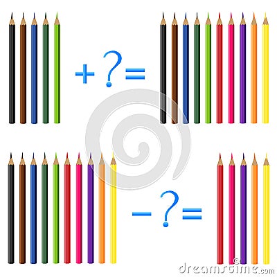 Action relationship of addition and subtraction, examples with pencils. Educational games for children. Vector Illustration