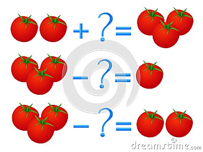 Action relationship of addition and subtraction, examples with tomatoes. Educational games for children. Vector Illustration