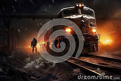 Action shot with man jumping off the train. Dynamic scene with railway carriage explosion in action movie blockbuster Stock Photo