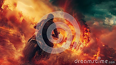 Action shot with man riding away from explosion on bike. Dynamic scene with fire in action movie blockbuster style. Stock Photo