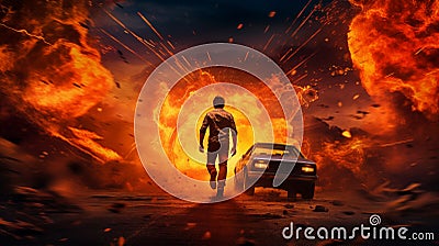 Action shot with man running away from explosion on car. Dynamic scene with fire in action movie blockbuster style. Stock Photo