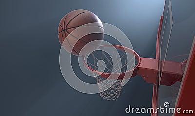 An action shot of a regular basketball teetering on the rim of a red basketball hoop Stock Photo