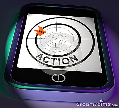 Action Smartphone Displays Acting To Reach Goals Stock Photo