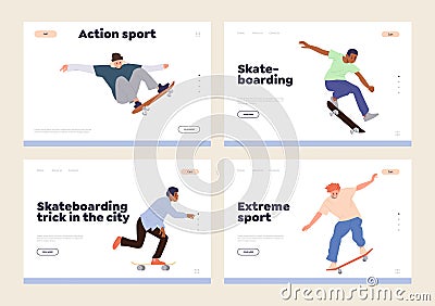 Action sport, extreme hobby, youth culture and skateboarding landing page design template set Vector Illustration