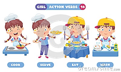 Action Verbs For Children Education Vector Illustration