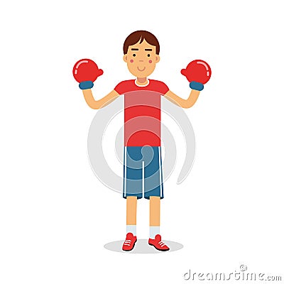 Active boy teen boxer in boxing gloves cartoon character, kids physical activities vector Illustration Vector Illustration