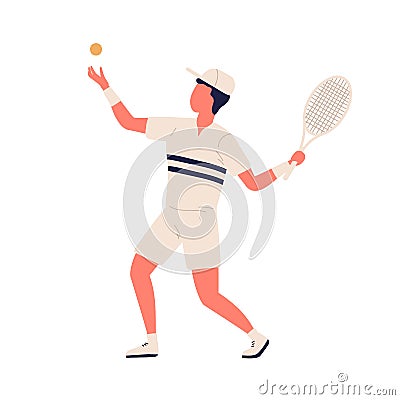 Active cartoon man in sportswear tossing up ball and hitting racket vector flat illustration. Colorful male sportsman Vector Illustration
